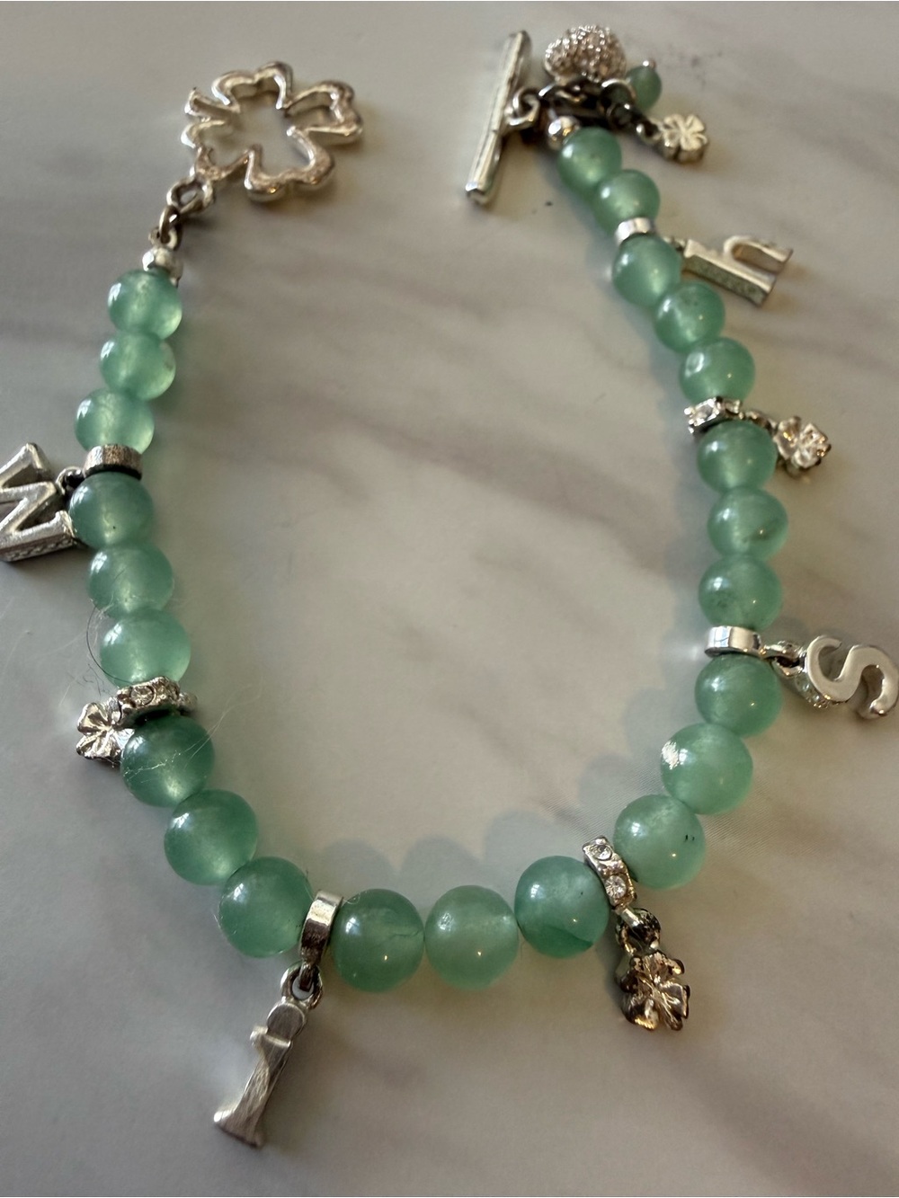 Green WISH Charm Bracelet, Women’s 8” Green Aventurine Silver Letters Charms